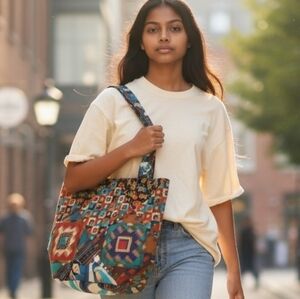 Vintage Handcrafted Indian Navajo/Aztec Reversible Slouchy Tote Bag